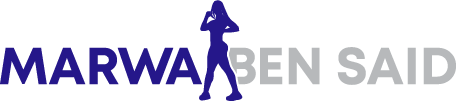 The image features the text "MARWA BEN SAID" in uppercase letters. "MARWA" is in dark blue, and "BEN SAID" is in light gray. Between "MARWA" and "BEN" is a dark blue silhouette of a person standing with hands on their head, replacing the letter "I.